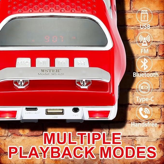 WSTER Retro Car Bluetooth Speaker with HD Stereo Sound, TWS Pairing, LED Party Lights, Built-in Microphone, Portable Wireless American Vintage-Style Bluetooth Speaker for Home, Office & Outdoor (Red)
