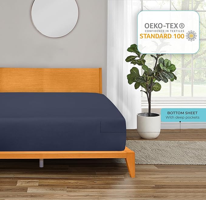 ROYALE LINENS 300 Thread Count 100% Long Staple Combed Cotton Fitted Sheet Twin XL - Super Soft Deep Pocket Bottom Sheet - Fitted Sheets Only - Elastic Sheets (Twin XL, Navy)