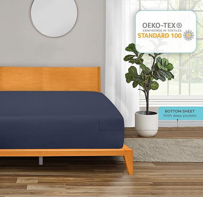 ROYALE LINENS 300 Thread Count 100% Long Staple Combed Cotton Fitted Sheet Twin XL - Super Soft Deep Pocket Bottom Sheet - Fitted Sheets Only - Elastic Sheets (Twin XL, Navy)