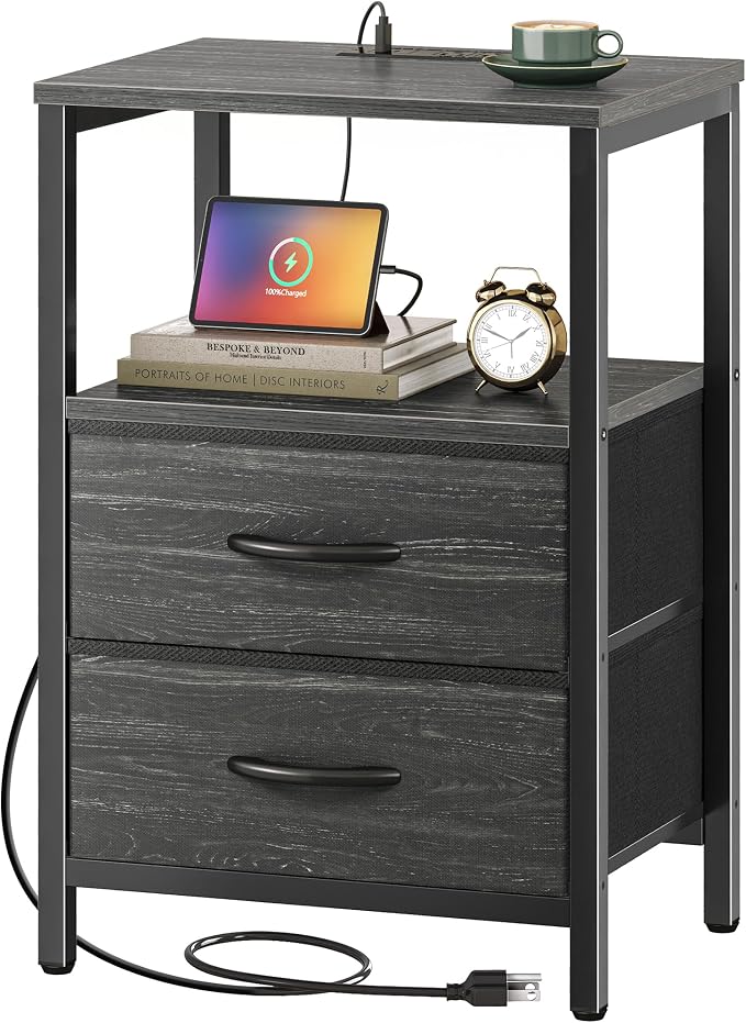 Huuger Nightstand with Charging Station, Side Table with Fabric Drawers | by Huuger