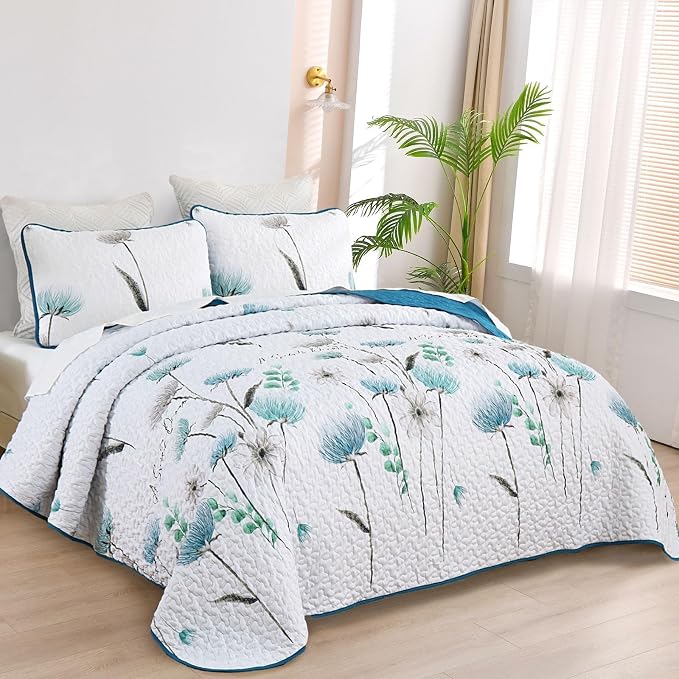 Dinjoy King Quilt Set, 3 Pieces Teal Boho Bedspreads, Fall Flower Bedding | - Image 7