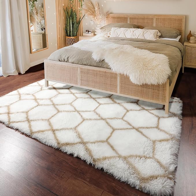 Area Rugs for Bedroom Living Room, Fluffy 4x6 White and Beige Throw Rug - Image 6