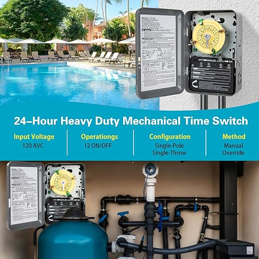 T104M Mechanical Timer Switch Mechanism Only, 208-277V 40A DPST, Heavy Duty Outdoor Timer for Pool Pump, Water Heater, Lighting – 24-Hour, 12 ON/Off Cycles.