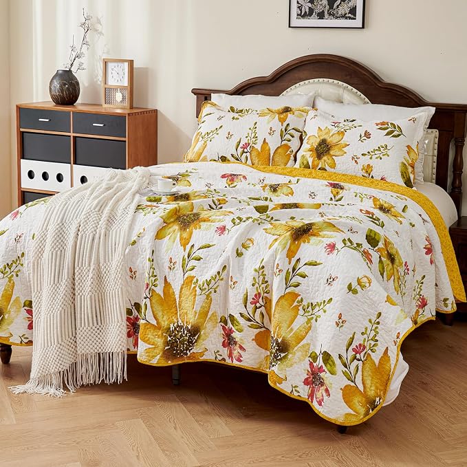 EVENHUG 100% Cotton Quilt King Size Yellow Sunflower Bedding Set Floral - Image 2