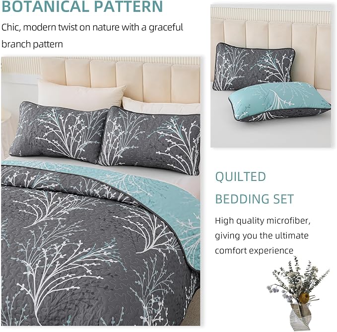 DJY Full Size Quilt Set Grey Blue Reversible Bedspread Bedding Set | 3 Piece - Image 6