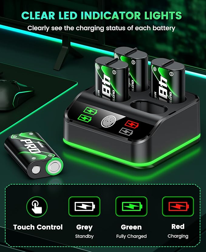 DINOSTRIKE 4X 4800mWh PRO Battery Pack Compatible with Xbox One/Series S/X 【Recharged 3000+ Time】 Battery Pack Rechargeable for Xbox Controller (4X 4800mWh Pro Batteries)
