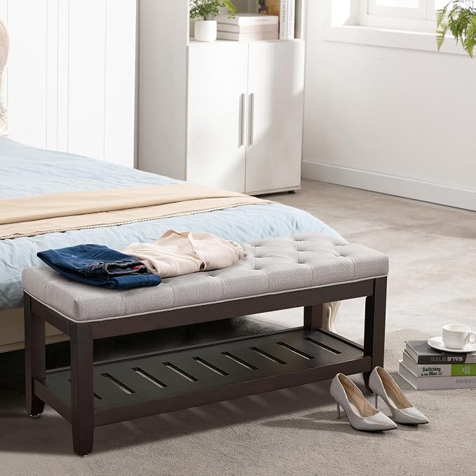 LOULENS 44'' Linen Storage Bench, Upholstered End of Bed Bench, Light Grey | - Image 2