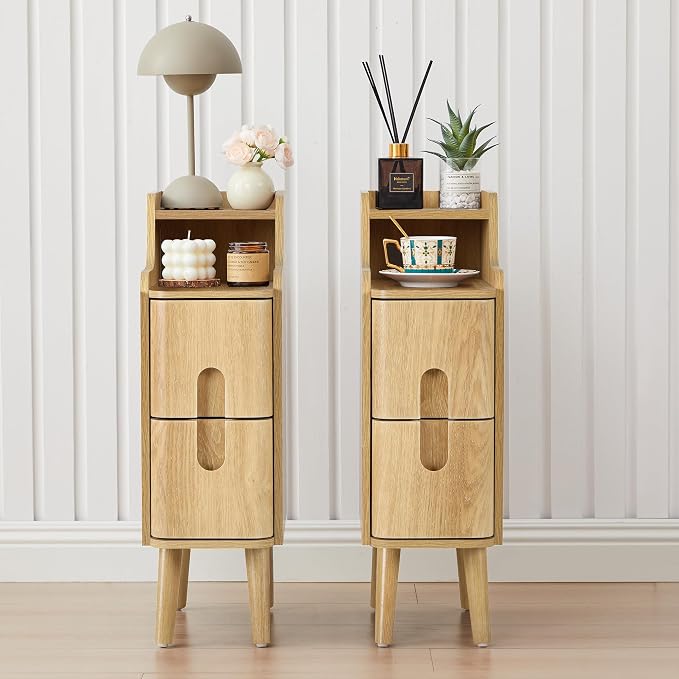 Small Nightstand Set of 2, Wood 2 Drawer Narrow Nightstand, Slim Side Table by FurSchFurniture