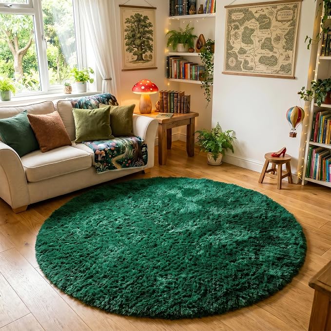 Amdrebio Dark Green Furry Round Circle Area Rug 5Ft - Image 6