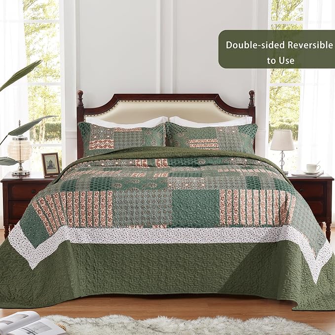 3 Pieces California King Size Quilt Set Olive Green Oversized 120x120 Inch - Image 2