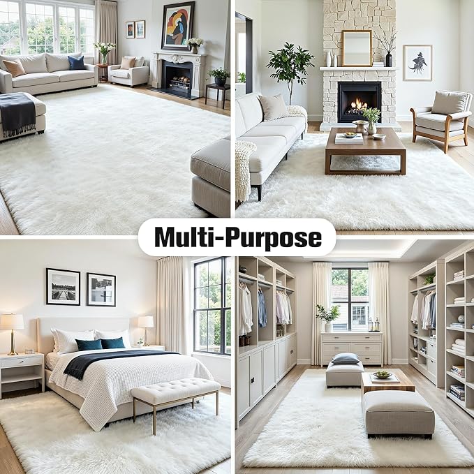 4x6 Fluffy Area Rug for Living Room: Soft Non-Slip White Bedroom Carpet | Ultra - Image 9