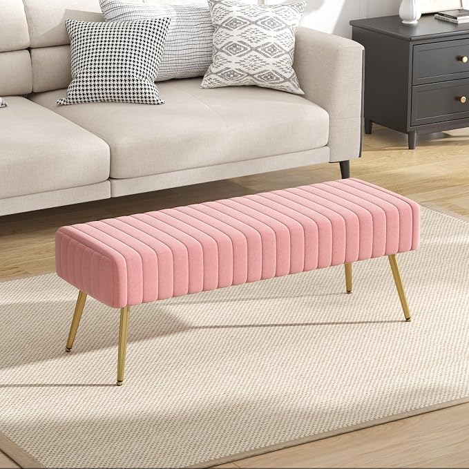 44 Inch Velvet Bench, Upholstered Tufted Striped Fabric Bedroom Bench - Image 8