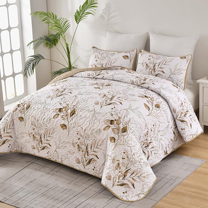 Anibedding Brown Quilt Set King, Fall Botanical Bedspread Bedding Set | Soft - Image 2