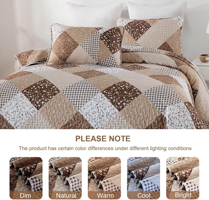 Dinjoy Brown Quilt Set Full Size, Reversible Patchwork Floral Bedspreads | Soft - Image 4