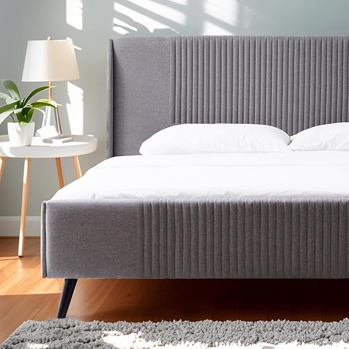 Livinia Sunset King Size Wingback Platform Bed, Fabric Upholstered King Bed Frame with Vertical Channel Tufted Headboard Footboard, Strong Wood Slats, No Box Spring Needed, Gray