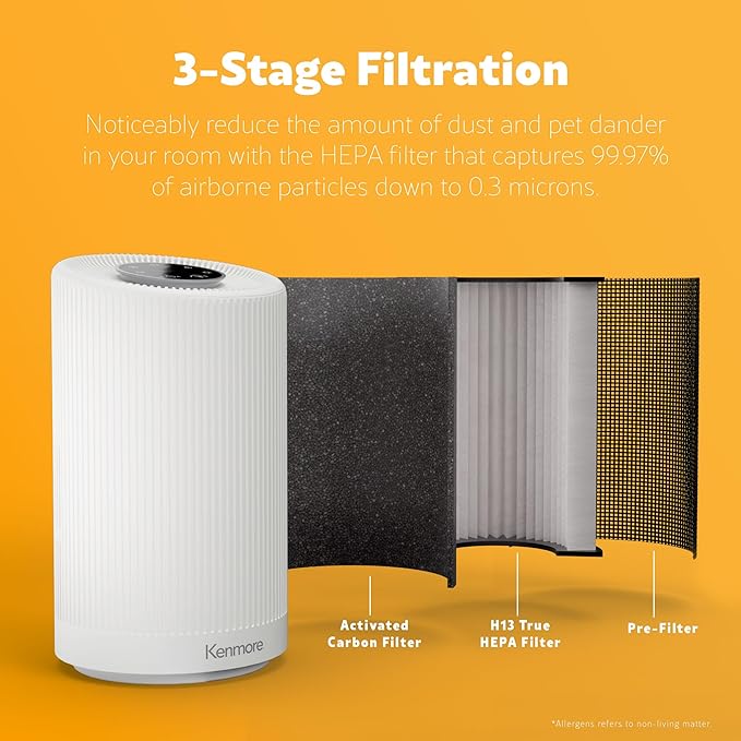 Kenmore PM1005 Air Purifier with H13 True HEPA Filter, Covers Up to 850 Sq.Foot, 25db SilentClean 3-Stage HEPA Filtration System for Office & Bedroom