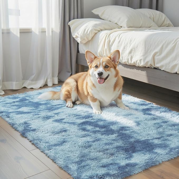 Small Shag Area Rug for Bedroom, 2x3 Dark Blue Tie-Dyed Soft Plush Carpet | by Junhejiamei