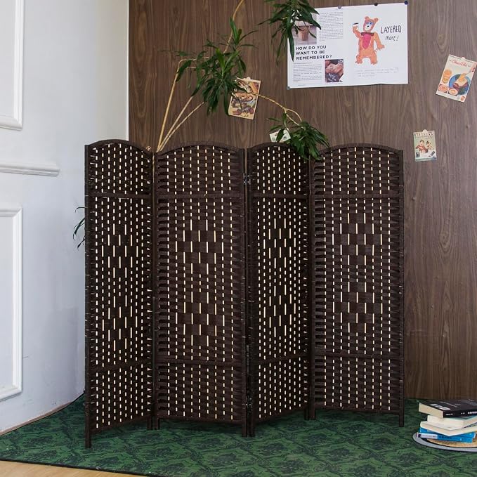 4 Panel Dark Brown Rattan Room Divider, 47.2" Low Height Double-Sided Folding - Image 4