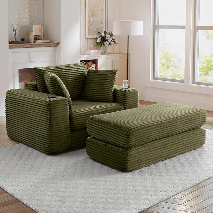 Oversized Chaise Lounge Chair Indoor, 52.4"W Corduroy Upholstered Fluffy Comfy - Image 6