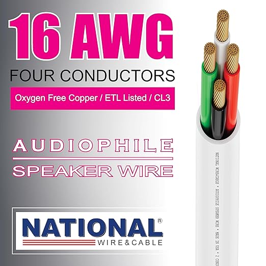 NATIONAL Wire&Cable - 16/4 Audiophile Speaker Wire (500 Feet) 16AWG Gauge - Made in USA - in Wall Audio Speaker Wire Cable/CL Rated/ETL Listed / 2 Conductors - OFC Oxygen-Free Copper, White 500ft