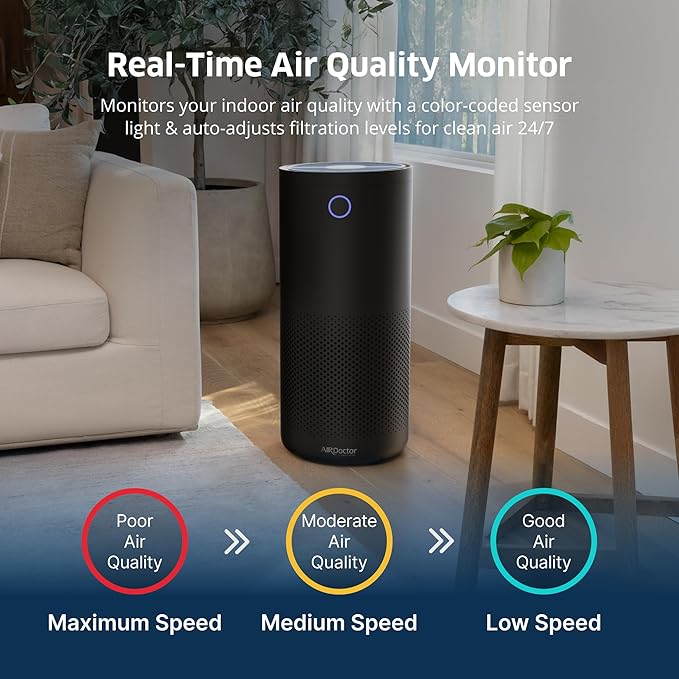 AirDoctor 4000 Air Purifier for Large Rooms | Triple filtration technology with UltraHEPA, Carbon/VOC material & Air Quality Sensor | Captures Particles 100x Smaller Than HEPA Standard (Black)