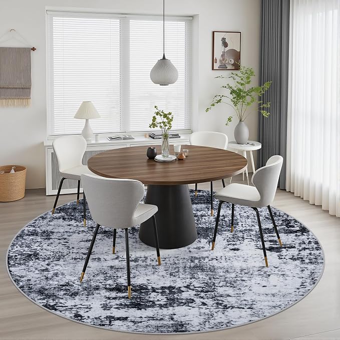 Round Area Rug Living Room: 4 ft Modern Washable Carpet Black | - Image 4