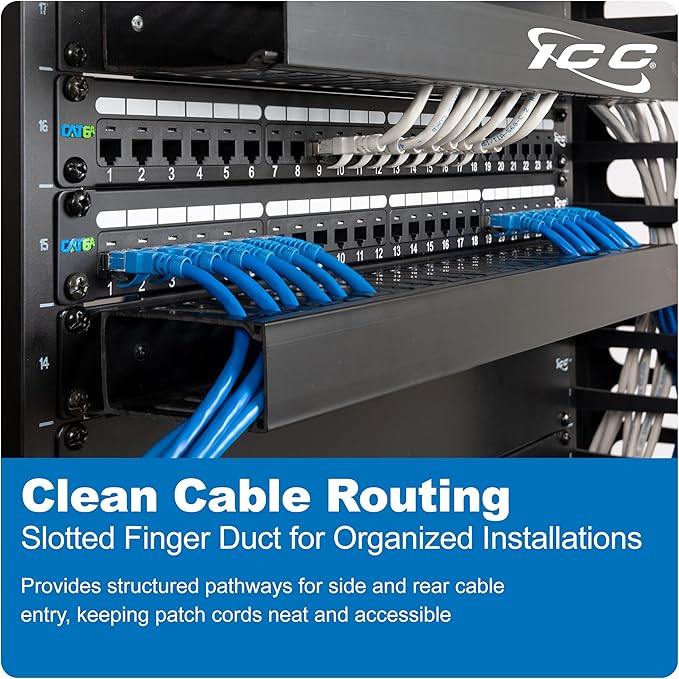 ICC 1U Finger Duct Cable Manager Panel with Cover, Plastic with Metal Back Frame, 3" Depth, Horizontal Cable Management, Rackmount for 19” Network Racks, Black, Single Pack