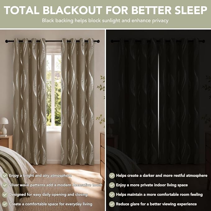 Deconovo Silver Foil Wave Pattern Total Blackout Curtain Panels, Living Room - Image 3