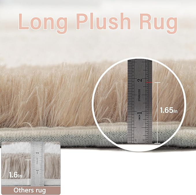 Beige 7x10 Area Rug for Living Room Soft Checkered Shag Carpet | Machine - Image 2