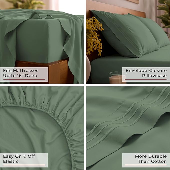 Mellanni California King Sheet Set - 6-Piece Iconic Collection Bedding, (Including 4 Pillowcases), 16-Inch Deep Pocket, Easy Care, Extra Soft, Cooling Sheets, Brushed Microfiber - Sage