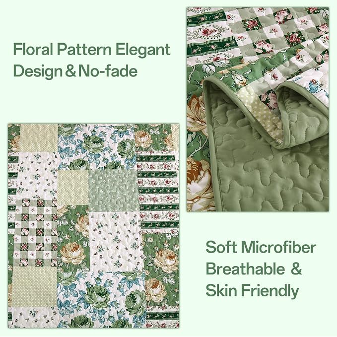 Patchwork Quilt Set Queen Size, Sage Green Floral Plaid Bedspread | 3 Pcs - Image 4