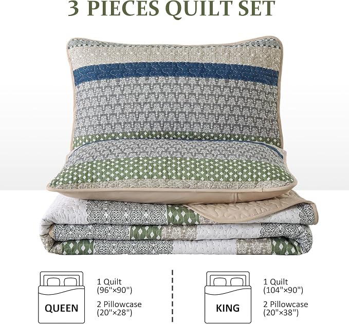 WONGS BEDDING King Quilt Set Khaki Green, 3 Pieces Striped Bedspread | Ultra - Image 10