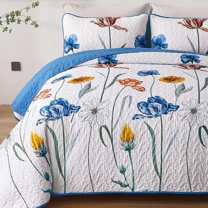 WONGS BEDDING Blue Quilt Set King Size, Cute Floral Botanical Bedspread Bedding - Image 5