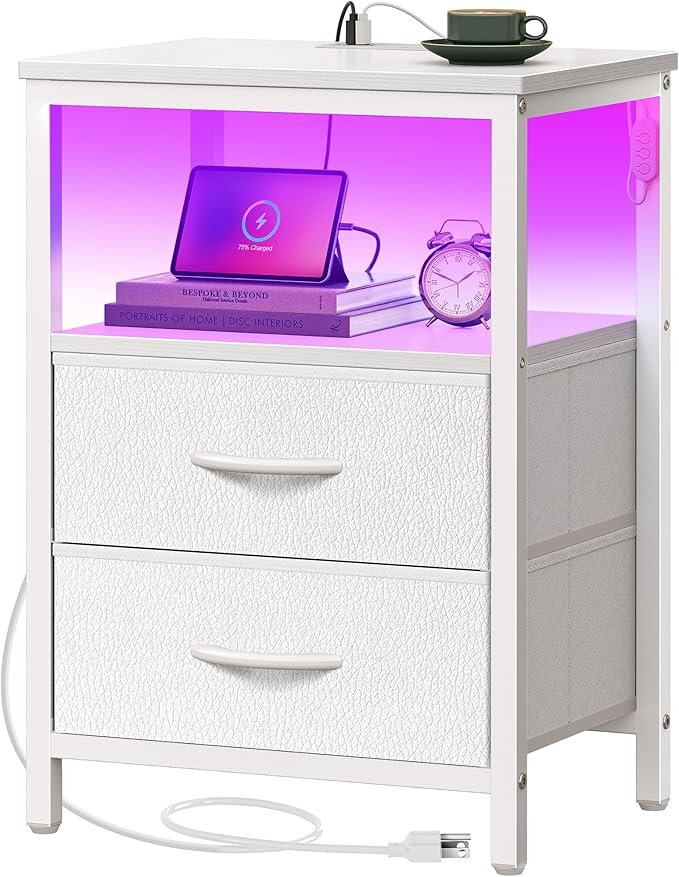Huuger Night Stand with Charger Station and LED Lights, 2 Drawer Nightstand | by Huuger