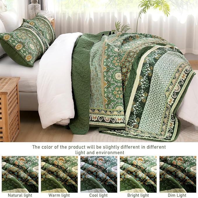 Yiran Boho Quilts Full Size, Olive Green Bedspreads Bedding Set | Lightweight - Image 5