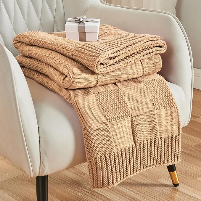 CozeCube Check Knit Throw Blanket, Beige Checkered Throw for Couch, Decorative Christmas Soft Cozy Warm Knitted Blanket for Bed Sofa Living Room, 50"X60"