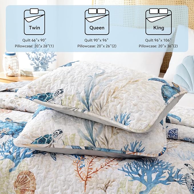 weigelia Coastal Quilt Twin Size, Sea Turtle Lightweight Summer Bedding | Sea - Image 6