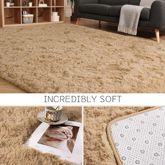 HOMORE 4x6 Rug for Bedroom, Light Tan Fluffy Area Rug Modern Shag Rugs for - Image 8