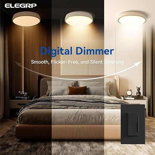 ELEGRP Digital Dimmer Light Switch for 300W Dimmable LED/CFL Lights and 600W Incandescent/Halogen, Single Pole/3-Way LED Slide Dimmer Light Switch, Wall Plate Included, UL Listed, 6 Pack, Matte Black