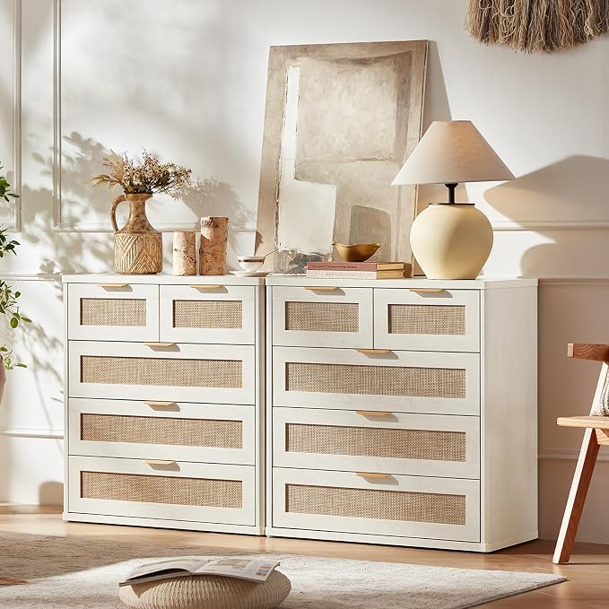 LEYAOYAO Rattan Dresser for Bedroom, 33.5" Small Chest of Drawers | Gold Metal - Image 2