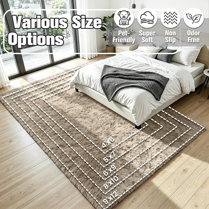 8x10 Fluffy Area Rug for Living Room: Non-Slip Grey Camel Bedroom Carpet | - Image 9