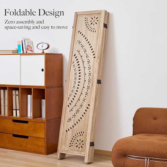 66.9Inch Folding Room Divider, 6 Panels Wood Carved Privacy Screens, Free - Image 4