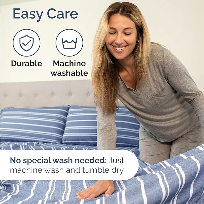 Twin 4 Piece Sheet Set - Cooling, Comfy & Breathable - Hotel Luxury Bedding, Includes Fitted Sheet for Women, Men, Kids & Teens - 1 Flat, 1 Fitted Sheet, 2 Pillowcases w/Deep Pockets - Blue Stripes