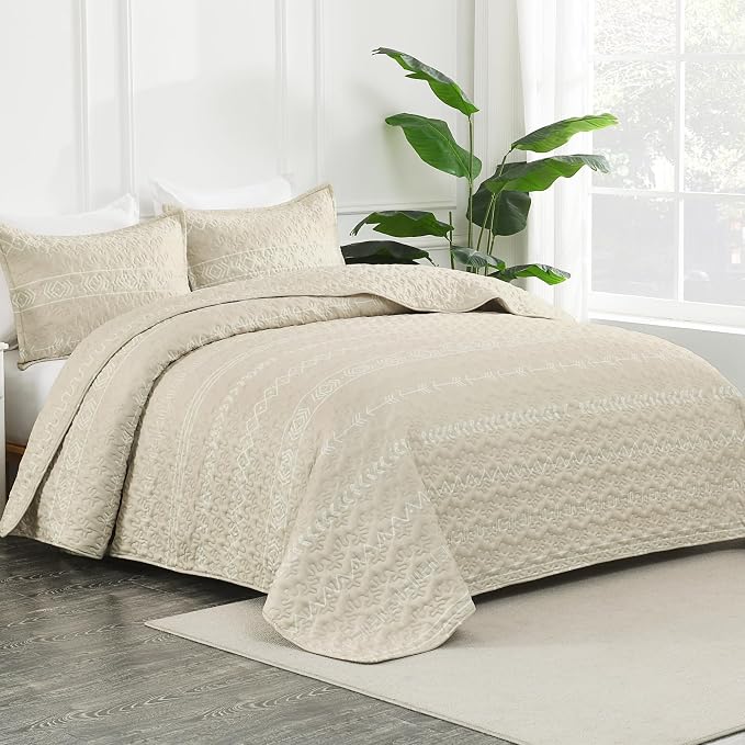 Beige Twin Quilt Set, 2 Pieces Boho Lightweight Striped Bedspread | Soft Beige - Image 2