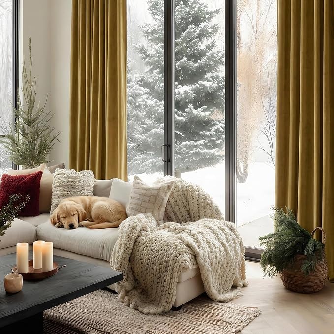 Gold Velvet Blackout Curtains 96 Inches, Floor to Ceiling Drapes Back Tab | - Image 4
