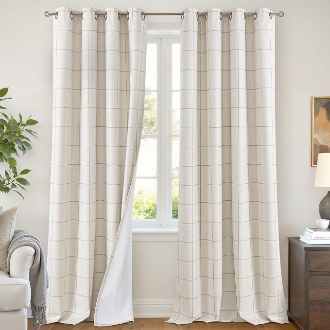 Plaid Curtains 90 Inches Long, 2 Panels Each 52 Wide, Natural | Linen Textured by Lajode