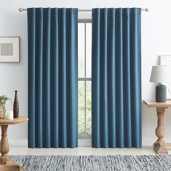 100% Blackout Linen Textured Curtains 96 Inches Long, Energy Smart Black Out by KEQIAOSUOCAI