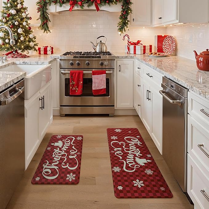 GENIMO Christmas Decorations - Kitchen Mats for Floor, 2PCS Christmas Kitchen Rugs, Cushioned Anti Fatigue Mat for Home Decor, Waterproof Non Slip Standing Mat for Laundry, 17.3"x47"+17.3"x30", Red