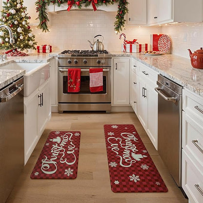 GENIMO Christmas Decorations - Kitchen Mats for Floor, 2PCS Christmas Kitchen Rugs, Cushioned Anti Fatigue Mat for Home Decor, Waterproof Non Slip Standing Mat for Laundry, 17.3"x47"+17.3"x30", Red