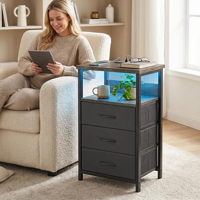 Fixwal Night Stand with 3 Fabric Drawers, Nightstand with Charging Station | - Image 7